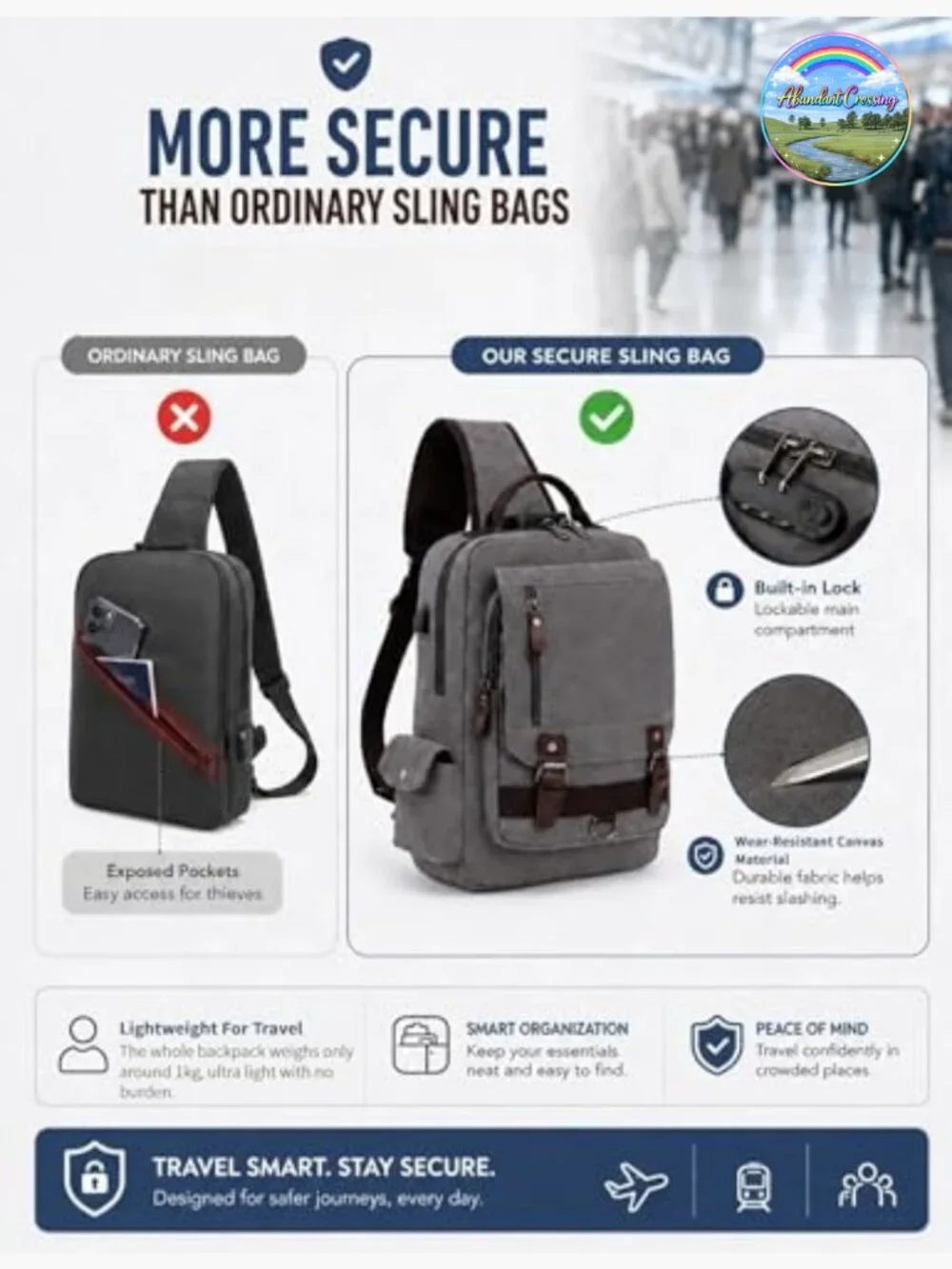 Canvas Messenger Bag with USB Charging Port, Anti-Theft